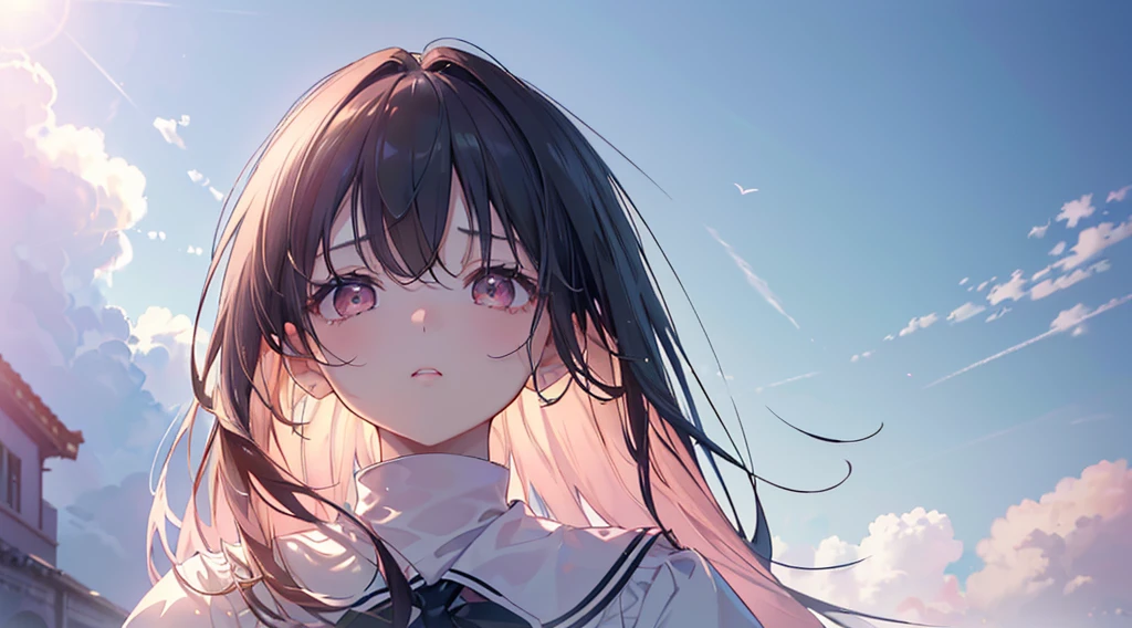 far,(((Highest quality、masterpiece、Ultra-fine、Ultra-fine、Exquisite、16k、Full HD,high school girl,))) 、Black Hair,((Sad), (((Looking up from below)))) 、((Soft sunlight、((sunny)) )),Dark Eyes、Long eyelashes、White skin、(Pale pink lips、Pale pink cheeks、thin and long)、 ((cute)) ((One person)) 、Glare