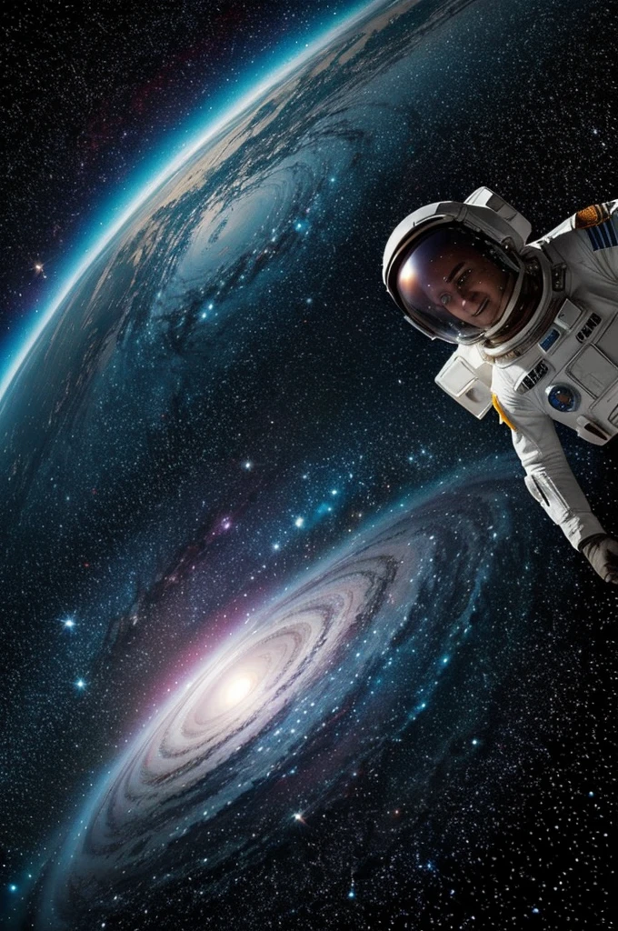 Un astronauta en traje espacial, flotando en el espacio, with an expression of surprise and excitement on his face.
En su mano derecha, el astronauta sostiene un folleto abierto, with a futuristic design and vibrant colors.
The astronaut is surrounded by planets of different sizes and shapes, algunos con anillos, otros con nubes de colores, y otros con superficies rocosas.
En el fondo, se puede ver una galaxia espiral con miles de estrellas brillando.