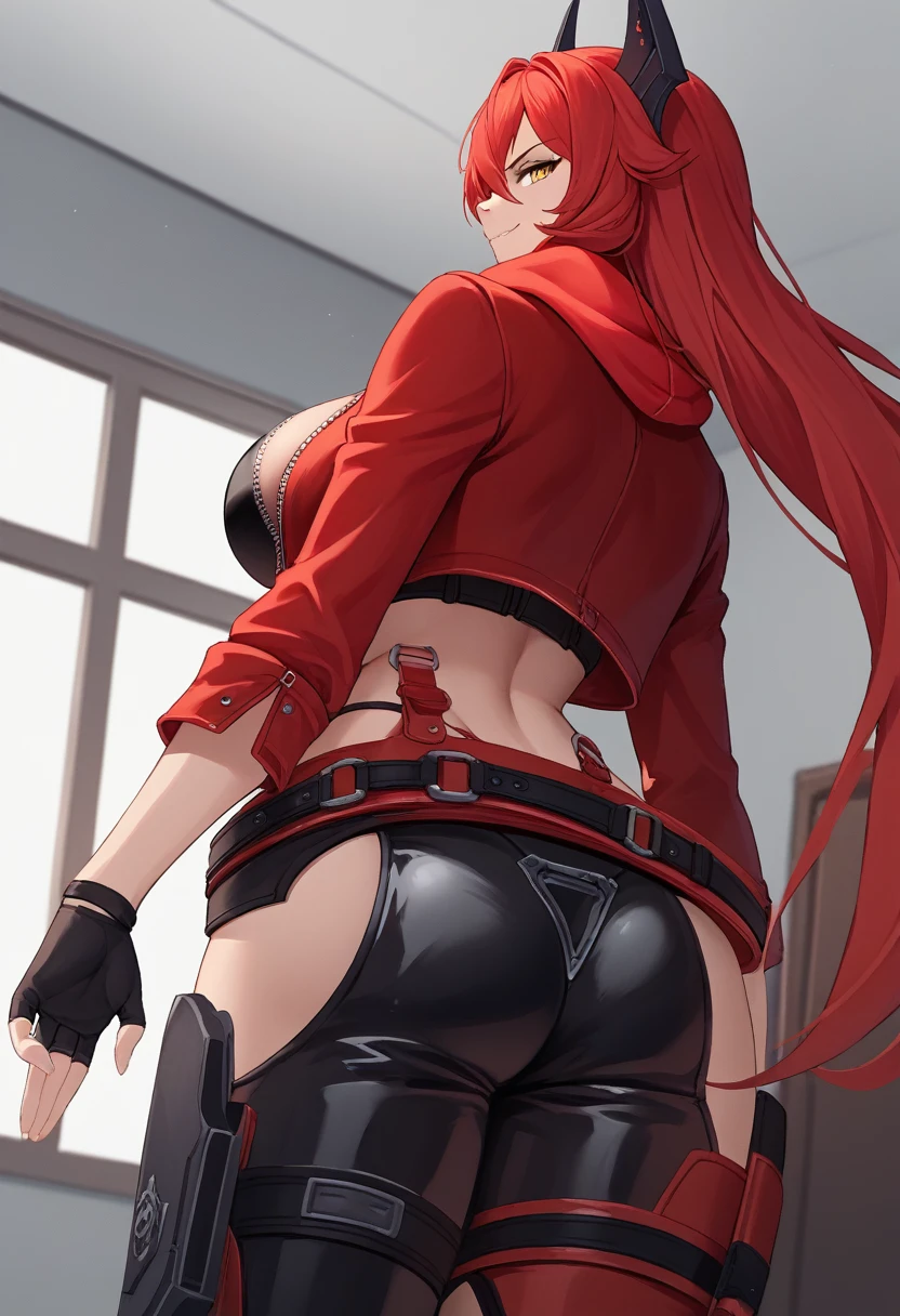 score_9, score_8_up, score_7_up, source_anime BREAK 1girl, solo, nikkeredhood, red hair, long hair, headgear, yellow eyes, red scarf, crop jacket, red jacket, black shrug \(clothing\), navel, midriff, zipper, cleavage, large breasts, fingerless gloves, belt, black pants, asymmetrical legwear, hip vent, ass, from behind, looking back, smirk, looking at viewer, wide hips, room, indoors, looking down,