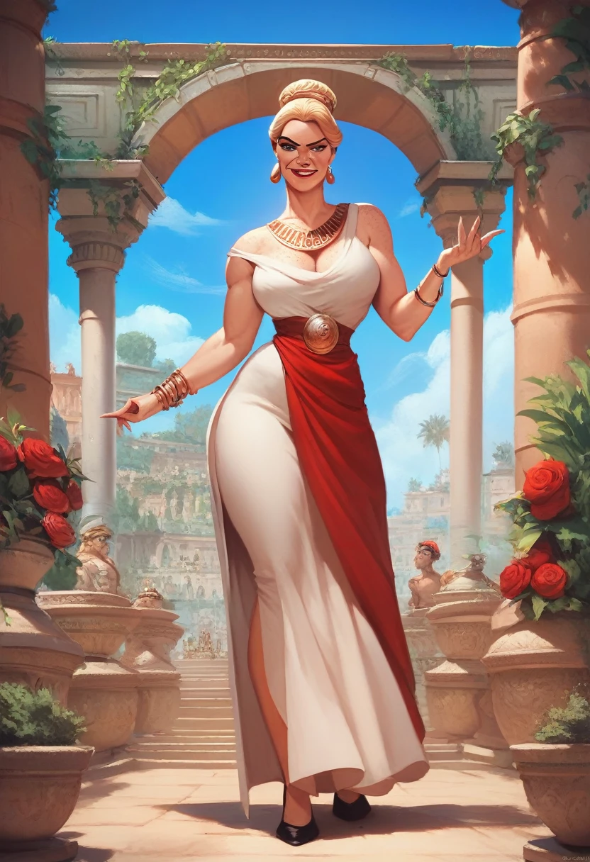 Score_9, score_8_up, score_7_up, crayon art, disney art style, mature face, black eyeliner, red lipstick, rough scetch, beautiful woman, (full body shot), A gorgeous Greek woman wearing a Toga, ancient Greece background, blonde hair, hair in bun, freckles, smirking, accessories, standing in garden