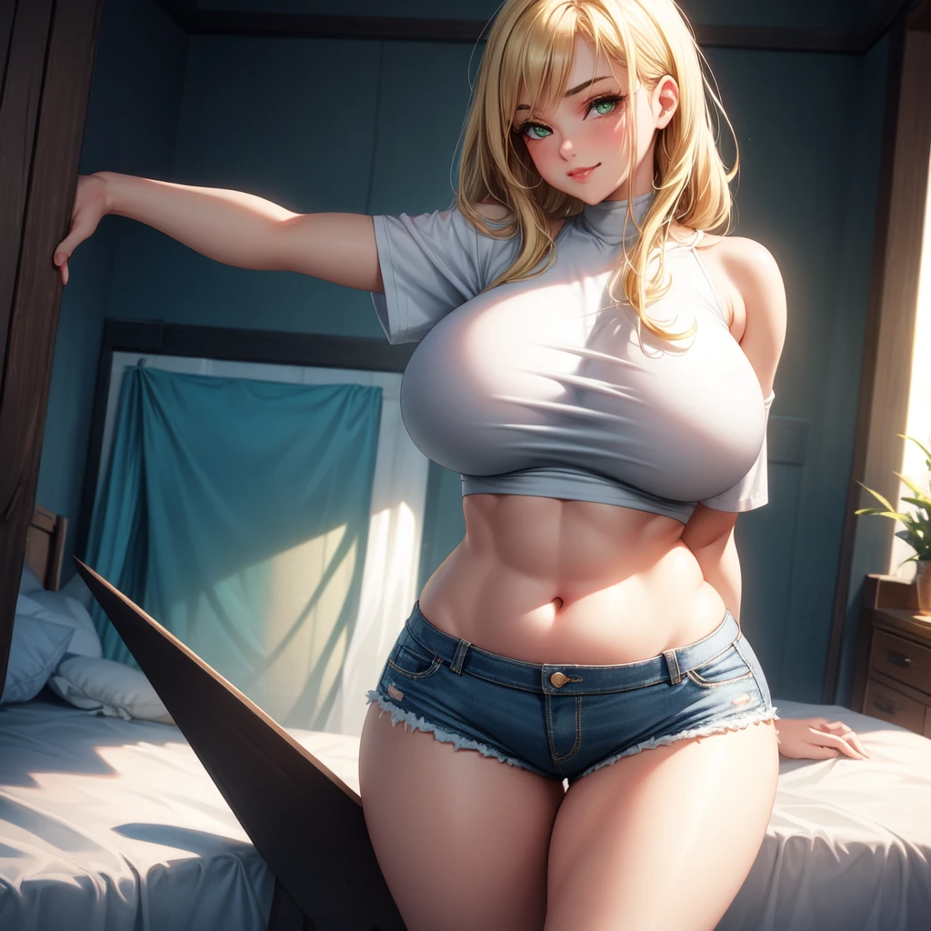 Girl standing alone, solo, by herself, Big round breasts, trendy, stylish, clevage, thighs, hips, realistic, blonde hair, light green eyes, amazing big eyes, eye details, eyebrow details, bra, shorts, big lips, blush, confident, dominant, bdsm, smirk, naughty, mischevious face, HD, good quality, crop top, curvy, standing up, bedroom, thick thighs, attarctive, amazing body, perfect body