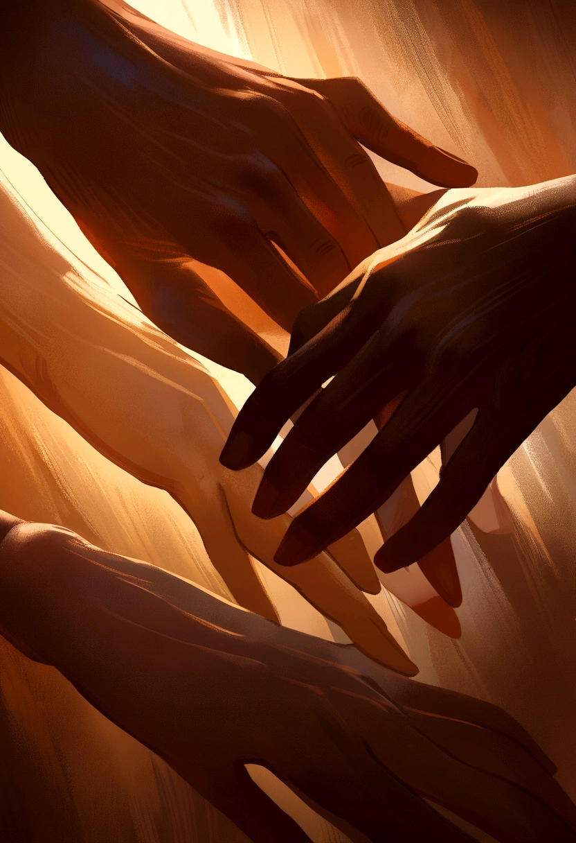 A close-up of two hands holding each other, intricate details on the hands, soft lighting, cinematic composition, warm color palette, realistic skin texture, delicate fingers intertwined, emotional connection between the hands, dramatic shadows, painterly style