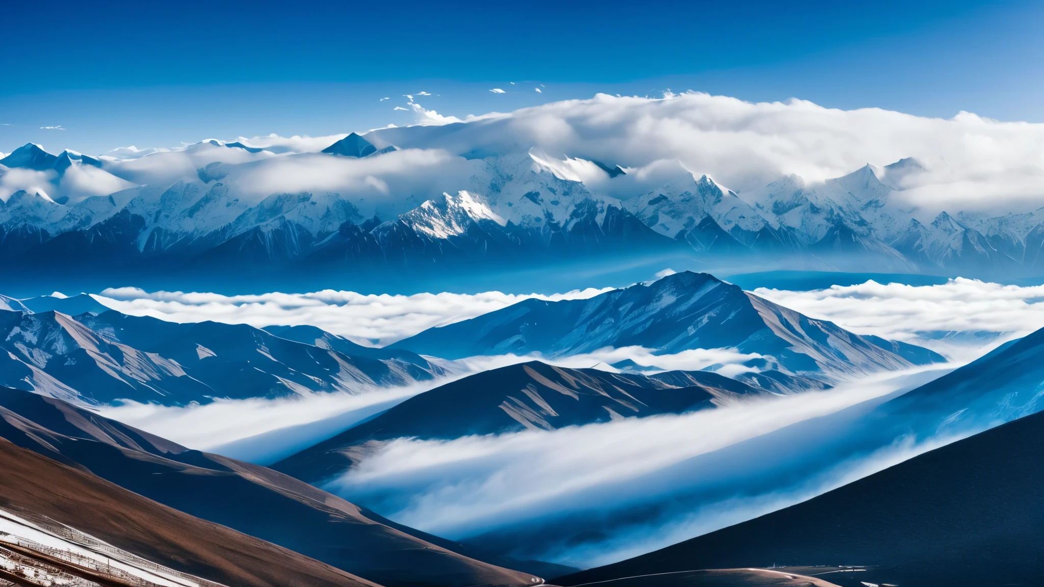 Tibet, background landscape of snowy mountains and lots of fog. Dark and relaxing image.