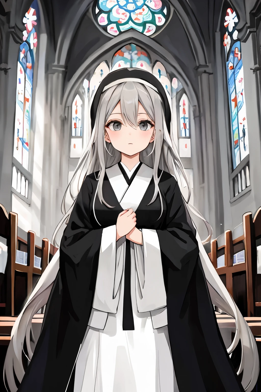 anime girl with long grey hair and grey eyes wearing black and white church robes