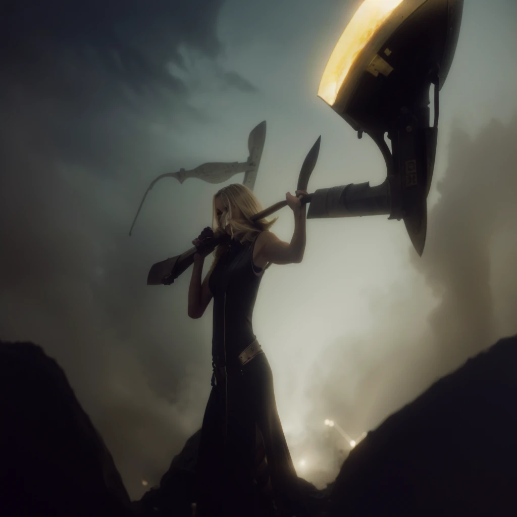 Detailed background, dark atmosphere, blonde hair, double coff, detailed elaboration on the axe, full of life, 8k quality