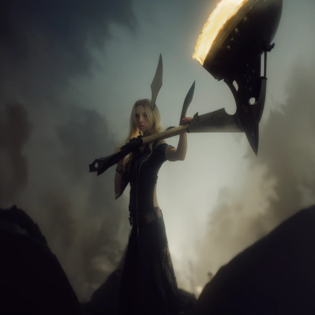 Detailed background, dark atmosphere, blonde hair, double coff, detailed elaboration on the axe, full of life, 8k quality