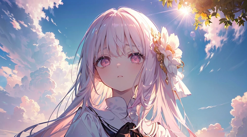 far,(((Highest quality、masterpiece、Ultra-fine、Ultra-fine、Exquisite、16k、Full HD,high school girl,))) 、Black Hair,((Sad), (((Looking up from below)))) 、((Soft sunlight、((sunny)) )),Dark Eyes、Long eyelashes、White skin、(Pale pink lips、Pale pink cheeks、thin and long)、 ((cute)) ((One person)) 、Glare