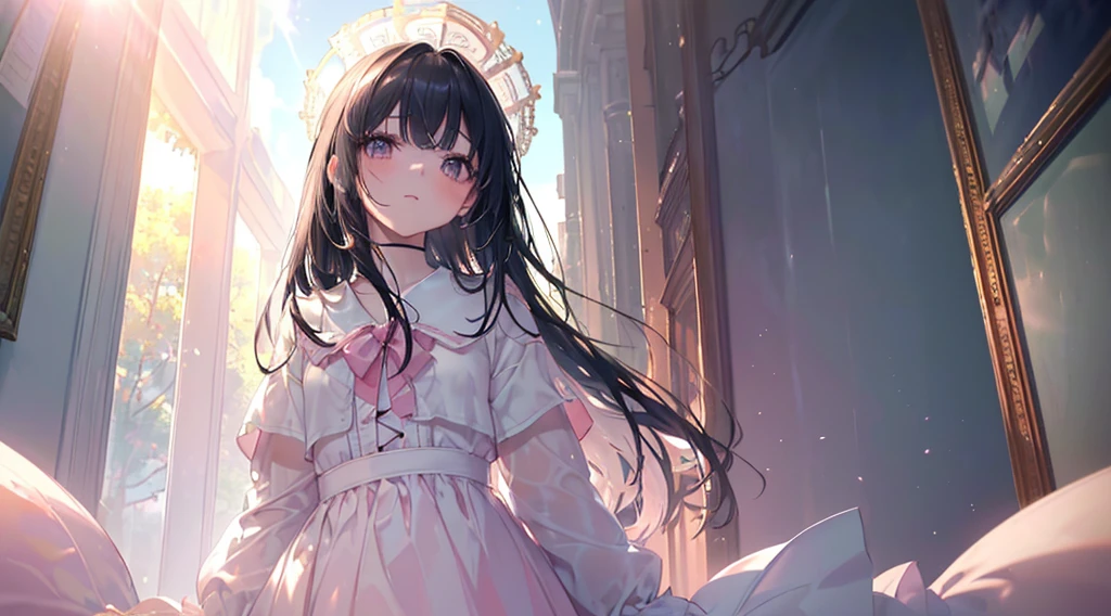 far,(((Highest quality、masterpiece、Ultra-fine、Ultra-fine、Exquisite、16k、Full HD,high school girl,))) 、Black Hair,((Sad), (((Looking up from below)))) 、((Soft sunlight、((sunny)) )),Dark Eyes、Long eyelashes、White skin、(Pale pink lips、Pale pink cheeks、thin and long)、 ((cute)) ((One person)) 、Glare