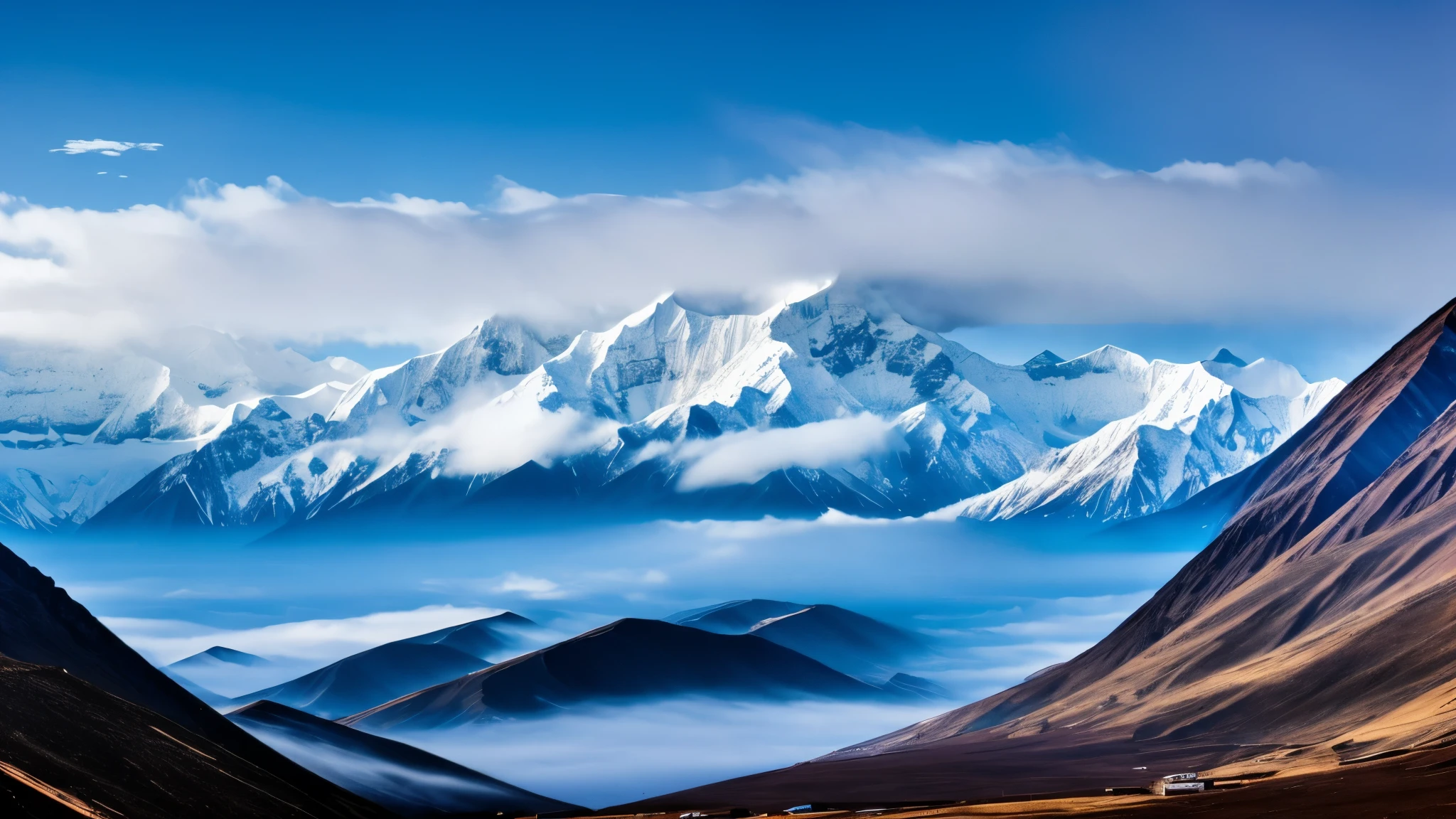 Tibet, background landscape of snowy mountains and lots of fog. Dark and relaxing image.
