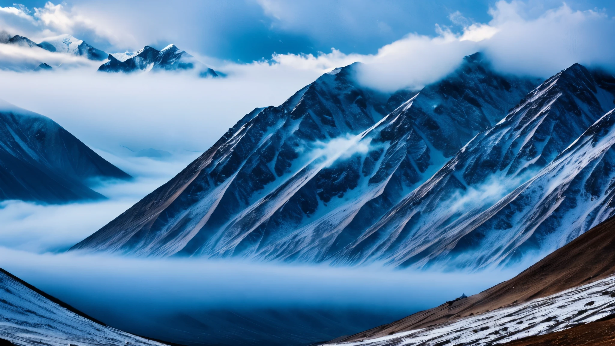 Tibet, background landscape of snowy mountains and lots of fog. Dark and relaxing image.