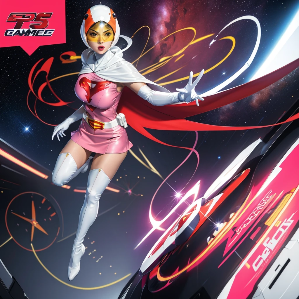 ANI_CLASSIC_jun_gatchaman_ownwaifu,1girl, ,good anatomy, masterpiece, best quality,realistic, hyper realistic, 16k hdr, long hair,breasts,lips,large breasts,lipstick,makeup,gloves,cape,helmet,belt,elbow gloves,white gloves,mask,ultra miniskirt,leotard,spacesuit,white tight overknee highheels boots,pink dress,superhero,bodysuit,cleavage,erected nipples,(jumping poses),cameltoe
