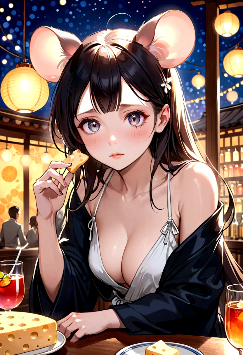 Mucha rough sketch style , Hallucination, daydream , nightmare , Insane Dream , bokeh , erotica , realistic Japanese female mouse , round face , Seductive eyes , (Cleavage:0.5) , realistic long nose , hair tie , Bar, Cocktails , cheese , (relax Clothes) , Show secretly
