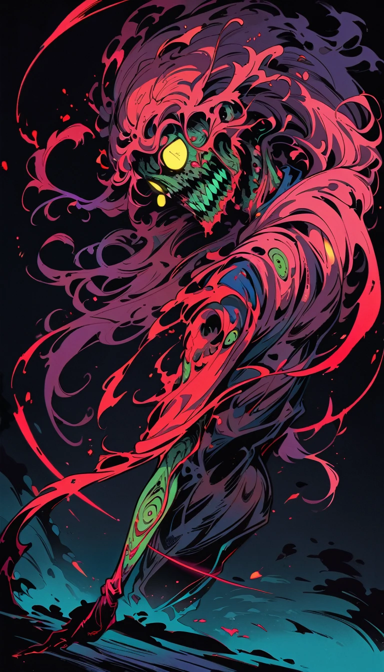 (best quality,highres,masterpiece:1.2),ultra-detailed,Anime line art:1.1,manga style,death god,Full body,(body horror: 1.4),(biology: 1.3),detailed face,expressive eyes,sharp contrast,flowing robe,(bloody: 1.2),mysterious atmosphere,dark background