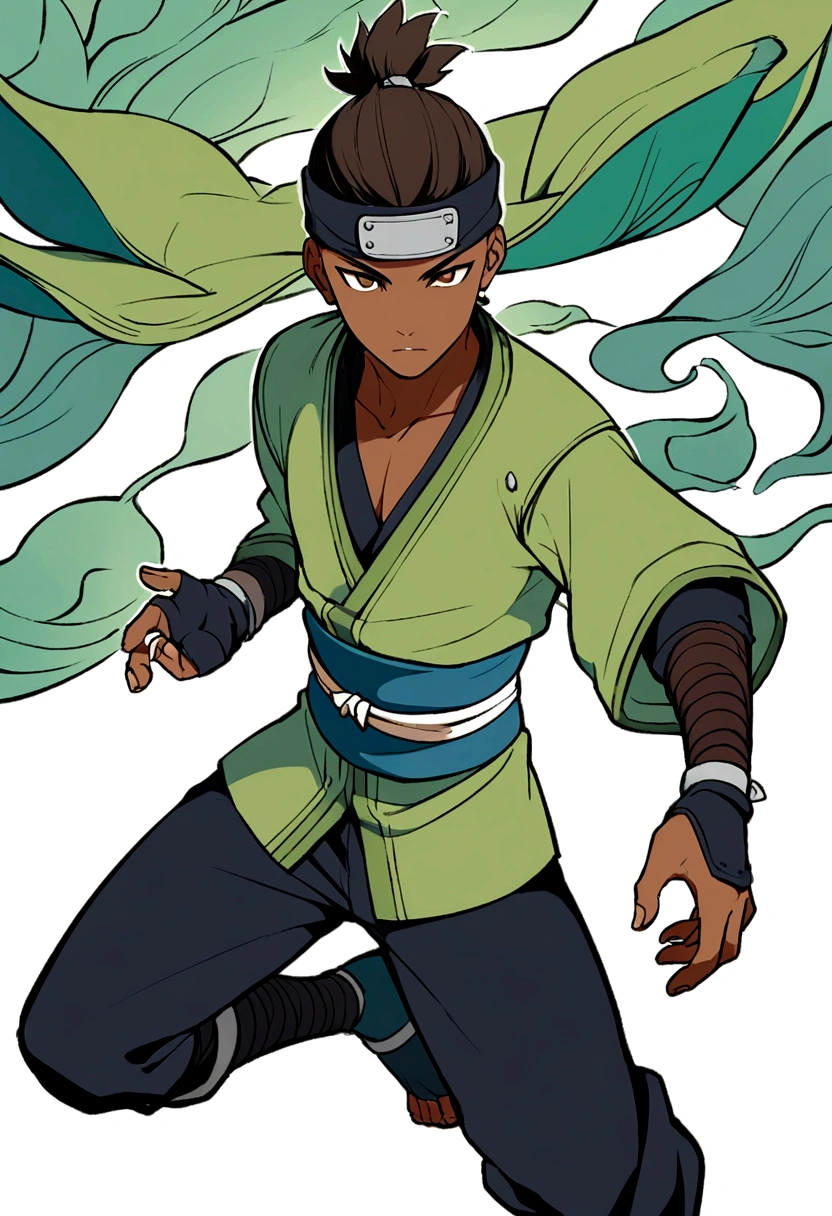 illustration of a ninja boy from the leaf village with dark brown skin 