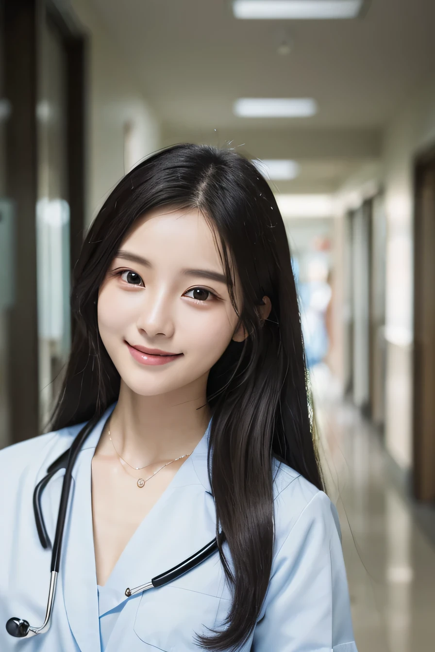Beautiful young woman、 Korean women、Black Hair、Necklace around the neck、White、Stethoscope、hairstyle semi long、smile、Please open your mouth a little、Intricate details, Very detailed:1.2), 、 Looking into the camera,The background is a hospital corridor.、ear piercing

