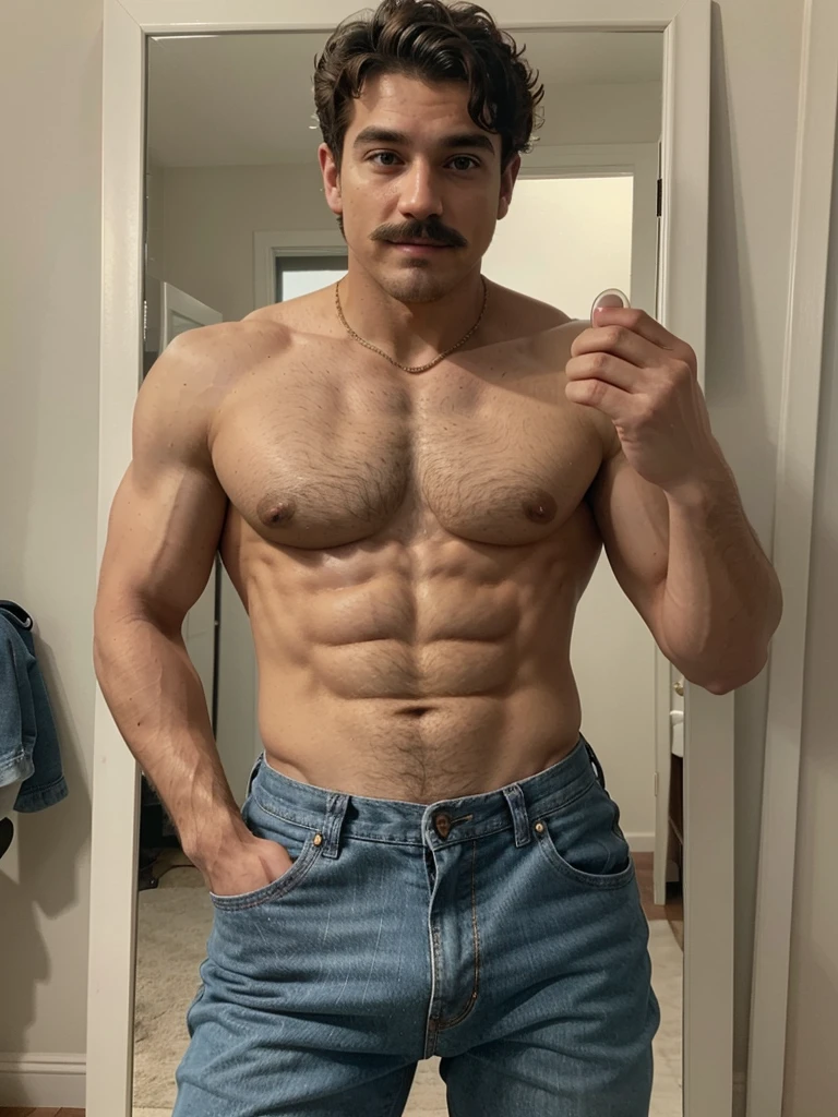 Handsome man , light mustache, hot muscular body , medium curly hair , mirror selfie, best quality like its taken by iPhone 12 , wearing baggy jeans