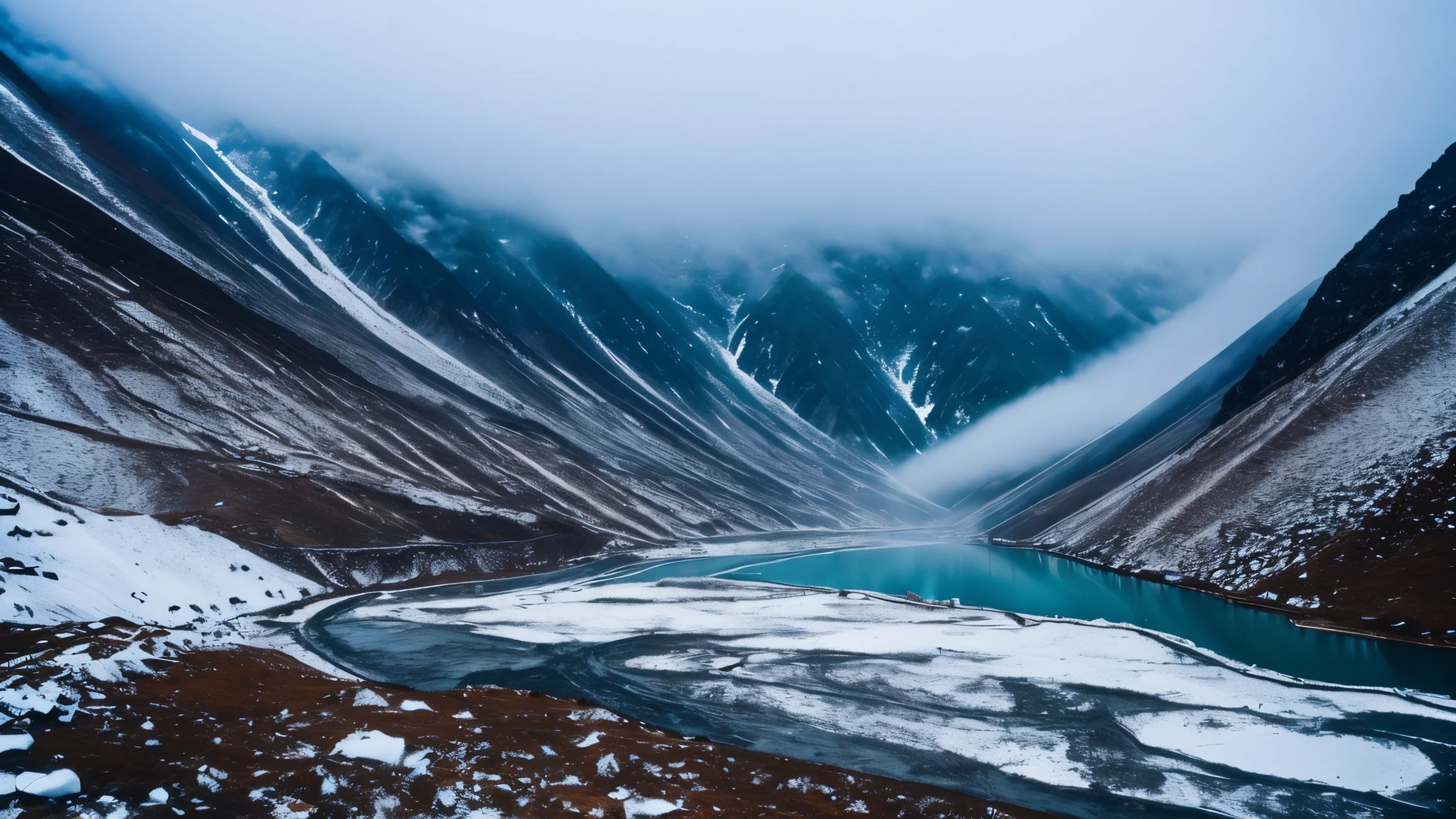 Tibet, background landscape of snowy mountains and lots of fog. Dark and relaxing image. Includes a small waterfall.