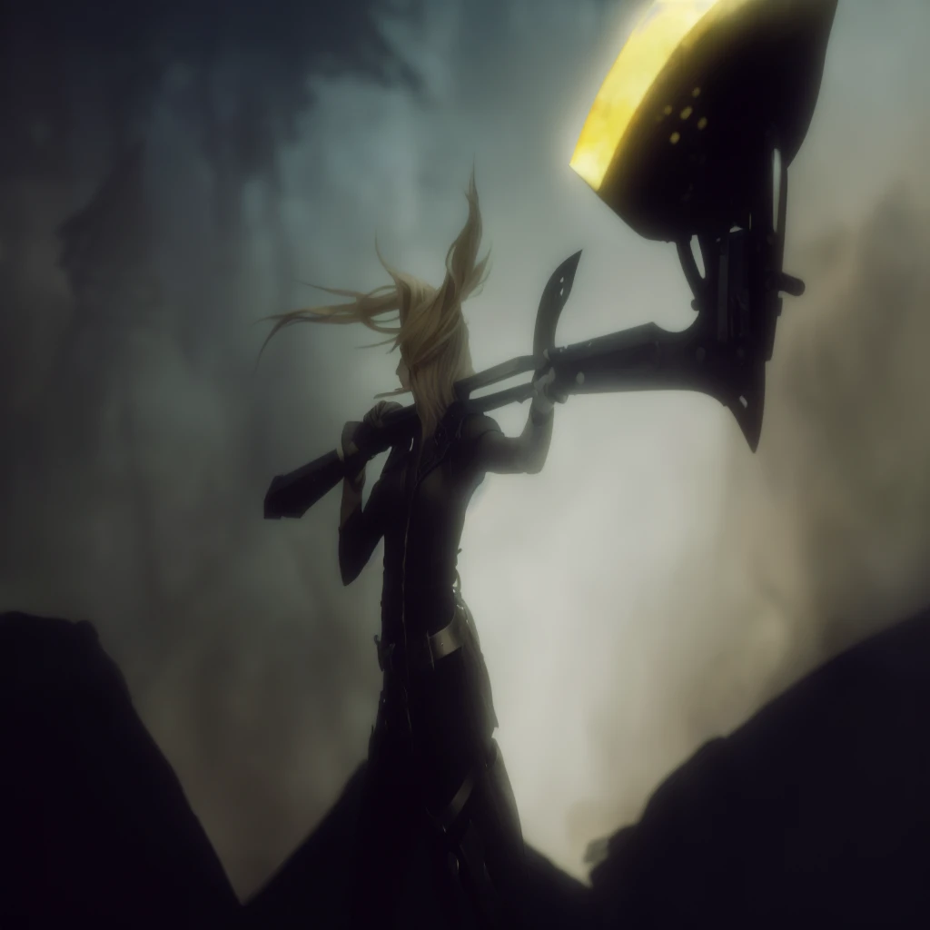 Detailed background, dark atmosphere, blonde hair, double coff, detailed elaboration on the axe, full of life, 8k quality
