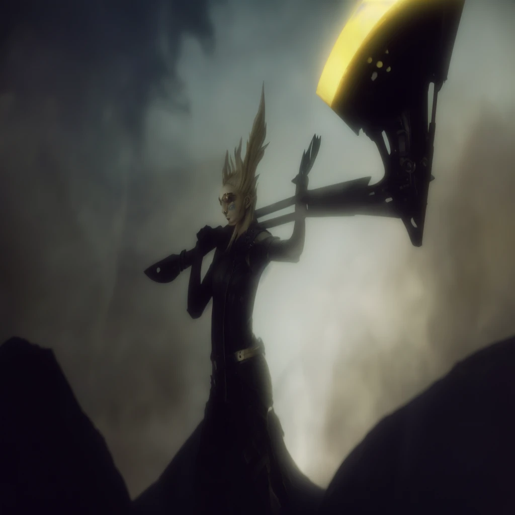 Detailed background, dark atmosphere, blonde hair, double coff, detailed elaboration on the axe, full of life, 8k quality
