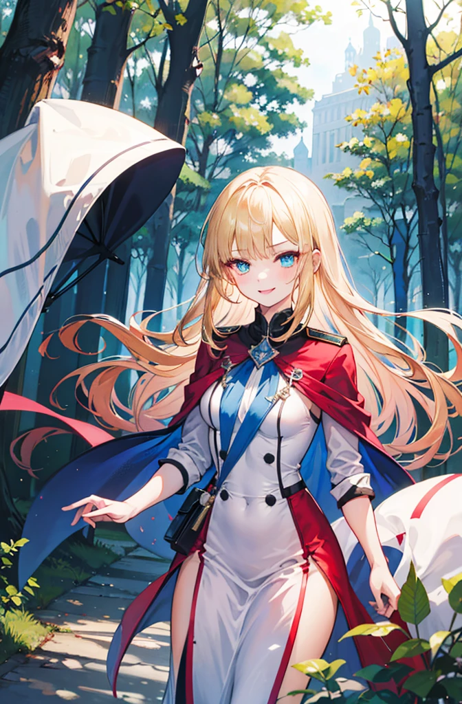 (Standing painting: 1.2) + (1girl:1.5)+ golden hair + princess cut + white knight uniform + detailed eyes and nose + deep blue eyes +  white battle uniform + domineering, masterpiece, best quality,evil smile,holy,((forest background)),adult,