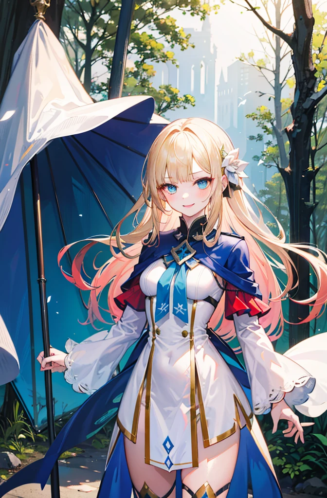 (Standing painting: 1.2) + (1girl:1.5)+ golden hair + princess cut + white knight uniform + detailed eyes and nose + deep blue eyes +  white battle uniform + domineering, masterpiece, best quality,evil smile,holy,((forest background)),adult,