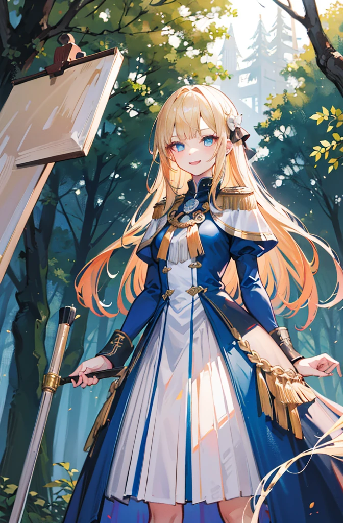 (Standing painting: 1.2) + (1girl:1.5)+ golden hair + princess cut + white knight uniform + detailed eyes and nose + deep blue eyes +  white battle uniform + domineering, masterpiece, best quality,evil smile,holy,((forest background)),adult,