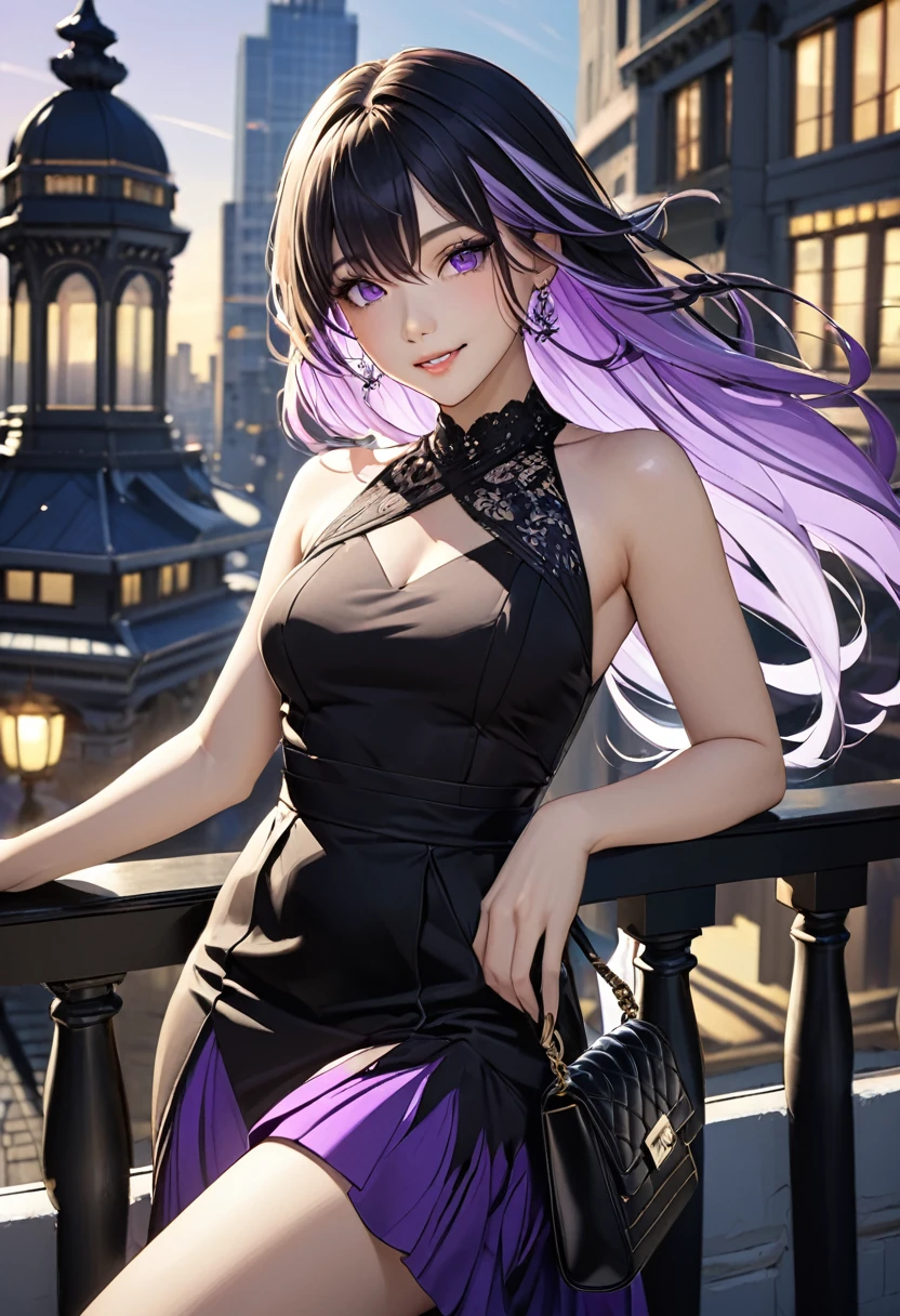((best quality)), ((masterpiece)), (super detailed), (cinematic lighting), 1girl, late 20s beautiful woman with bright (purple eyes) looking at viewer, smiling smugly, black sleeveless dress, two-tone hair, long wavy ((black into white)) ombre hair, multicoloured hair, city background, from downwards, purple shawl, designer handbag, luxury