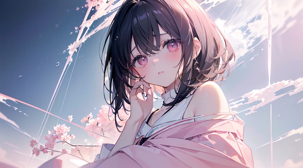 far,(((Highest quality、masterpiece、Ultra-fine、Ultra-fine、Exquisite、16k、Full HD,high school girl,))) 、Black Hair,((Sad), (((Looking up from below)))) 、,Dark Eyes、Long eyelashes、White skin、(Pale pink lips、Pale pink cheeks、thin and long)、 ((cute)) ((One person)) 、Glare