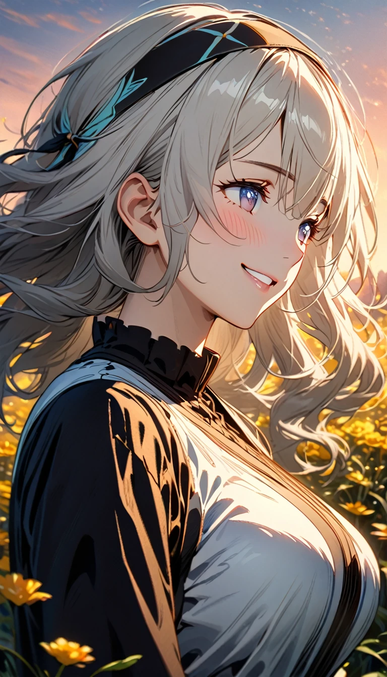 beautiful girl, long grey hair, beautiful face,smiling,close up to hips, beautiful breast, in the middle of flowers field, wearing two tones clothes, (open mouth:0.4),illustration,detailed textures(realists),ultra-detailed,portrait style,vivid colors,soft lighting, blushing, mature, hair fluttering, evening light , head band, side profile 