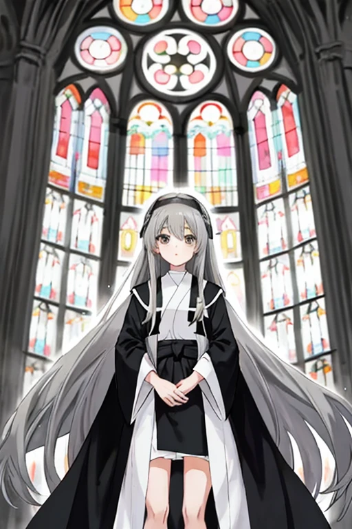 anime girl with long grey hair and grey eyes wearing black and white church robes