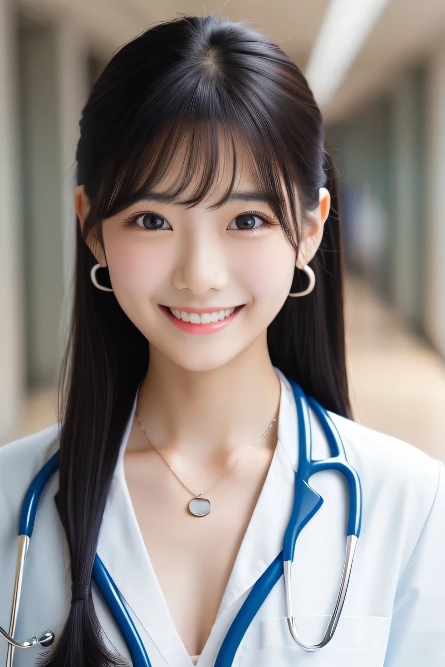 Beautiful young woman、 Korean women、Black Hair、Necklace around the neck、White、Stethoscope、hairstyle semi long、smile、Please open your mouth a little、Intricate details, Very detailed:1.2), 、 Looking into the camera,The background is a hospital corridor.、ear piercing