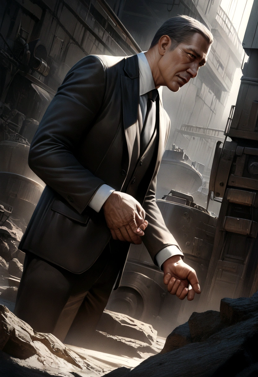 a handshake closing a deal, dark environment, (best quality,4k,8k,highres,masterpiece:1.2),ultra-detailed,(realistic,photorealistic,photo-realistic:1.37),dramatic lighting, moody atmosphere, high contrast, businessmen, formal attire, serious expressions, strong shadows, dramatic angles, industrial setting, machinery, grungy textures, cinematic composition