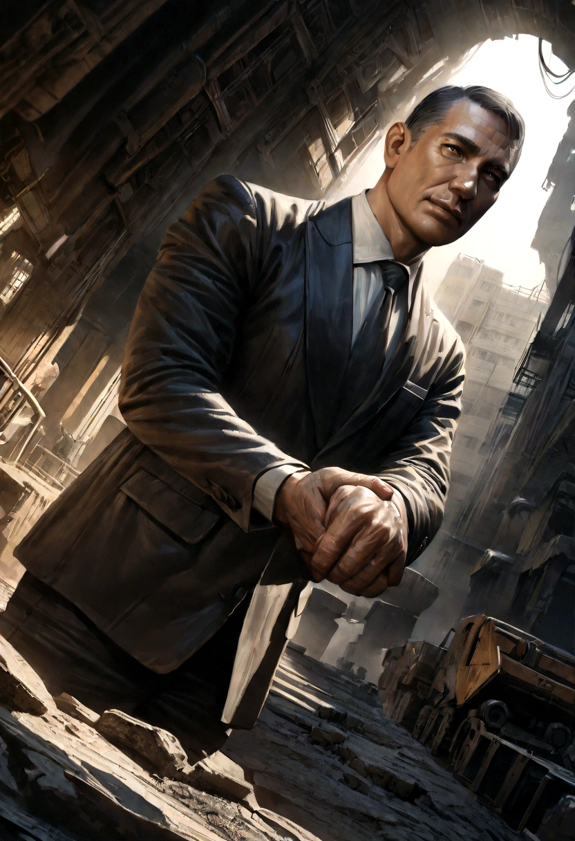 a handshake closing a deal, dark environment, (best quality,4k,8k,highres,masterpiece:1.2),ultra-detailed,(realistic,photorealistic,photo-realistic:1.37),dramatic lighting, moody atmosphere, high contrast, businessmen, formal attire, serious expressions, strong shadows, dramatic angles, industrial setting, machinery, grungy textures, cinematic composition