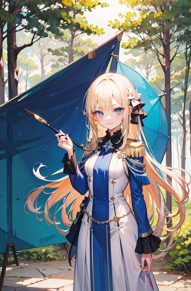 (Standing painting: 1.2) + (1girl:1.5)+ golden hair + princess cut + white knight uniform + detailed eyes and nose + deep blue eyes +  white battle uniform + domineering, masterpiece, best quality,evil smile,holy,((forest background)),adult,