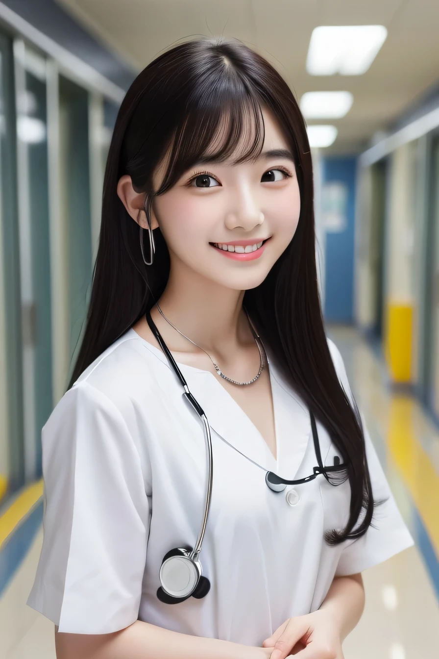 Beautiful young woman、 Korean women、Black Hair、Necklace around the neck、White、Stethoscope、hairstyle semi long、smile、Please open your mouth a little、Intricate details, Very detailed:1.2), 、 Looking into the camera,The background is a hospital corridor.、ear piercing