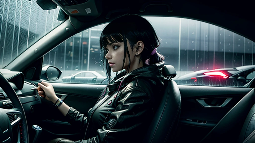 cyberpunk girl, driving a car, car interior, windows with rain drops