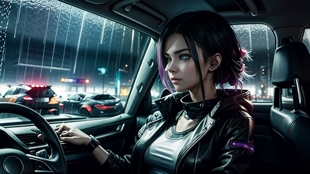 cyberpunk girl, driving a car, car interior, windows with rain drops