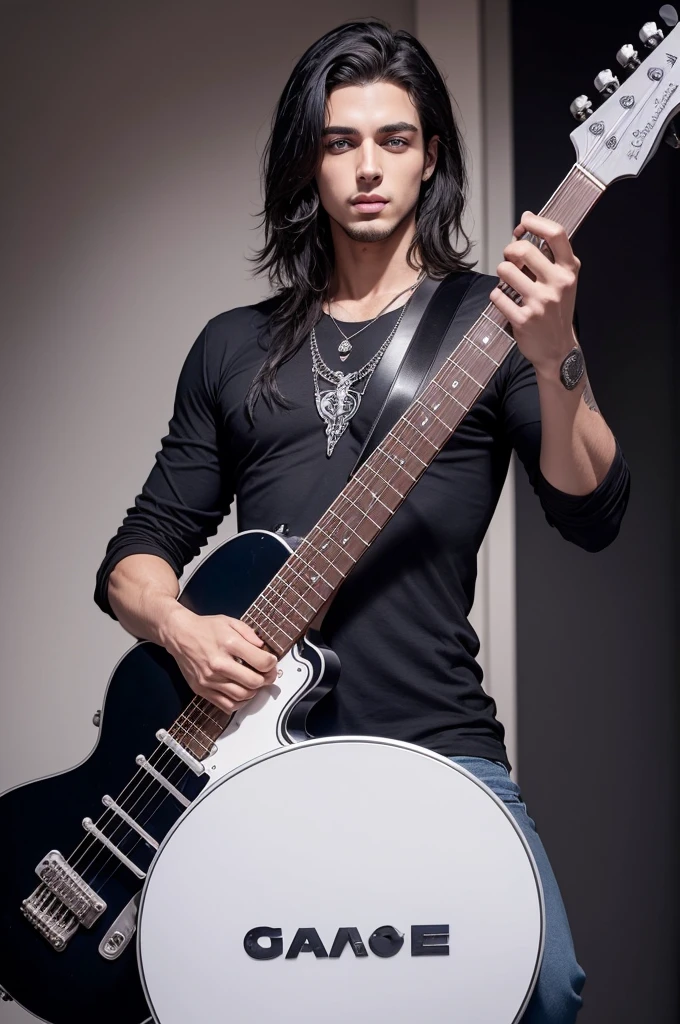 Crie a imagem de um bardo chamado Jai Soloreef que tem 1,80 tall and defined in terms of physique, he has blue eyes that look like silver and black hair with his guitar that plays his songs 