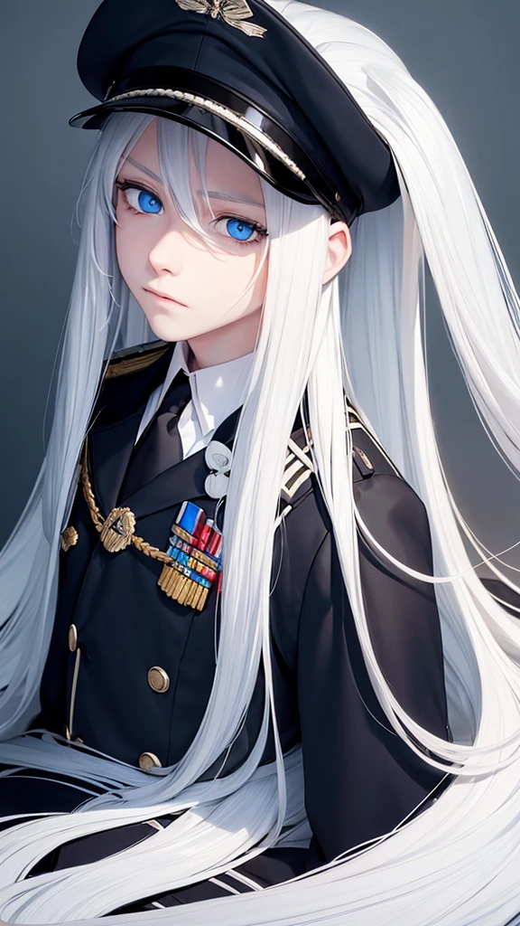 A boy, long white hair and blue eyes staring at the camera, upper style, young man, eye pad, black military uniform  beautiful facea, white back