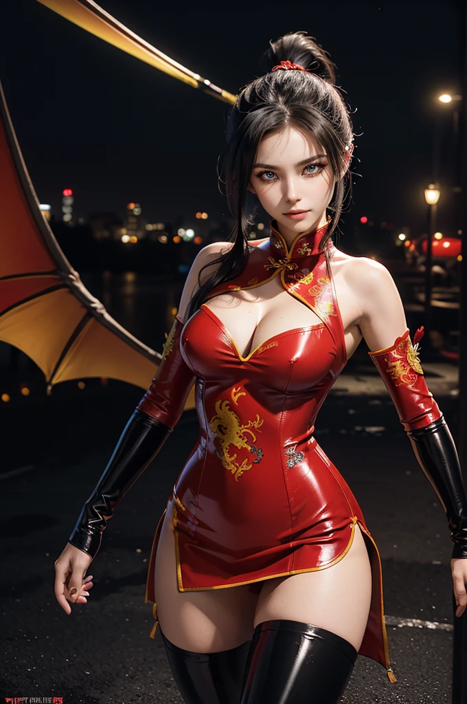 (RAW photo, best quality), Cute girl with short black hair, (ponytail), (city roof at night background), low light , dark eyeliner, innocent smile, gorgeous face , super cute, 18 years old , young looking, hyper detailed face, dark eyeliner, (medium breast), (thin waist, super slender), (bare shoulders, (exposed hips), skintight and red PVC qipao short dress with yellow dragon decoration and vivid patterns, deep black leather thigh high boots, red PVC arm sleeves with yellow flower decorations and vivid patterns, cleavage, hands on waist, one leg in front of the other