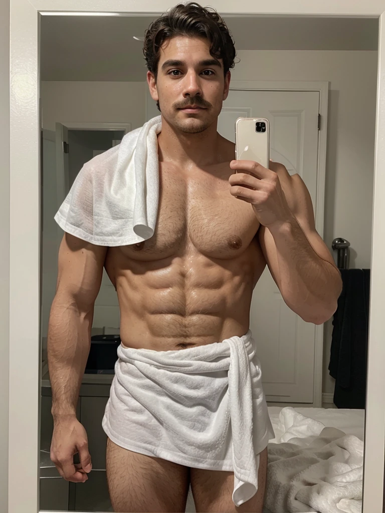 Handsome man , light mustache, hot muscular body , medium curly hair , mirror selfie, best quality like its taken by iPhone 12 , and a white towel covering his lower body