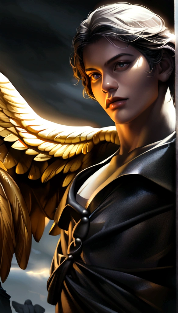 close up winged angel statue, male , fallen angel statue, angel with halo, with golden wings, contrasting skin, high quality, hyper realistic, standing male angel, gothic boy, majestic golden wings, dark black clouds in the back ground