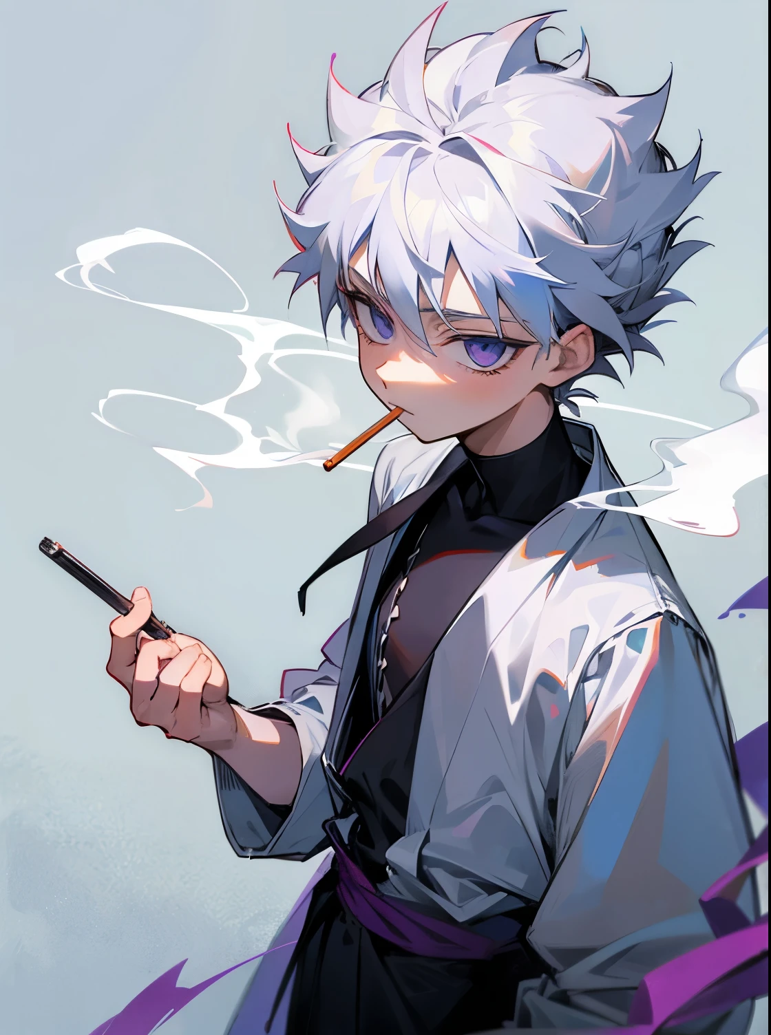 Killua Zoldyk with his shoulder-length hair partially tied in a bun, smoking