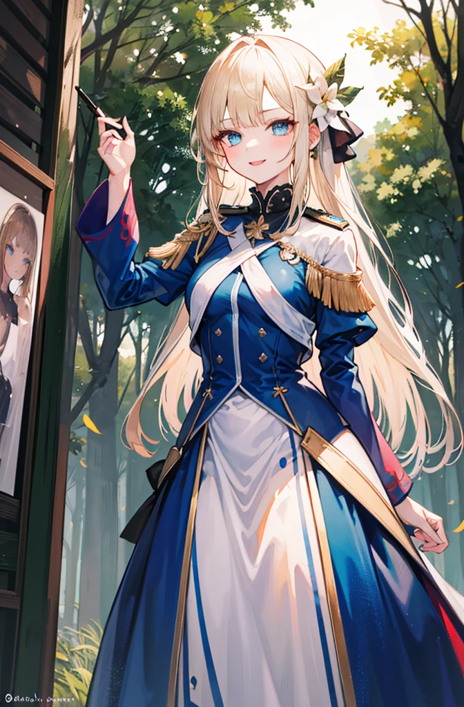 (Standing painting: 1.2) + (1girl:1.5)+ golden hair + princess cut + white knight uniform + detailed eyes and nose + deep blue eyes +  white battle uniform + domineering, masterpiece, best quality,evil smile,holy,((forest background)),adult,