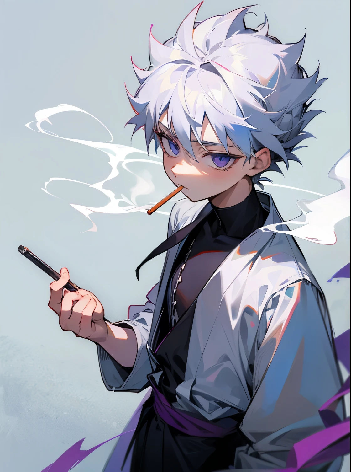 Killua Zoldyk with his shoulder-length hair partially tied in a bun, smoking