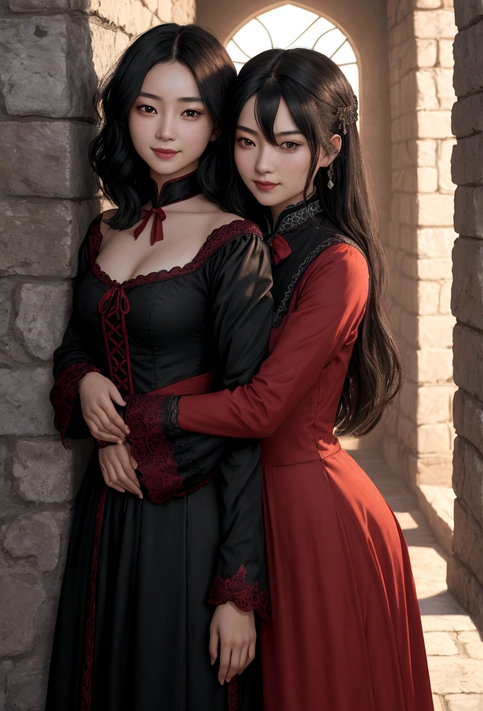 Asian girl with charming smile, long, enveloping black hair that his girlfriend embraces, a very light brunette woman with short hair and red-hot crescent-shaped eyes., dressed in male victorian gothic style. The background is defying reality with great 8K resolution, Superfine details and almost unapproachable charm reminiscent of movie audition photos. La escena se desarrolla cerca de una puerta roja en medio de un paisaje inundado por el sol con una luz