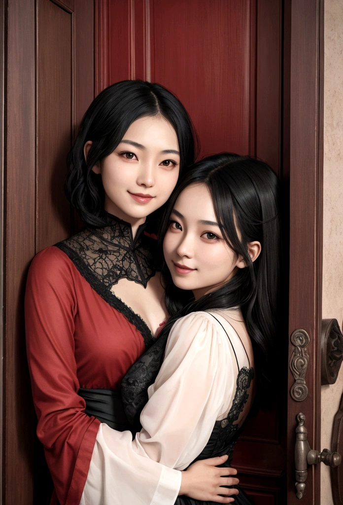 Asian girl with charming smile, long, enveloping black hair that his girlfriend embraces, a very light brunette woman with short hair and red-hot crescent-shaped eyes., dressed in male victorian gothic style. The background is defying reality with great 8K resolution, Superfine details and almost unapproachable charm reminiscent of movie audition photos. La escena se desarrolla cerca de una puerta roja en medio de un paisaje inundado por el sol con una luz