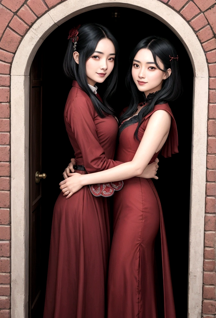 Asian girl with charming smile, long, enveloping black hair that his girlfriend embraces, a very light brunette woman with short hair and red-hot crescent-shaped eyes., dressed in male victorian gothic style. The background is defying reality with great 8K resolution, Superfine details and almost unapproachable charm reminiscent of movie audition photos. La escena se desarrolla cerca de una puerta roja en medio de un paisaje inundado por el sol con una luz