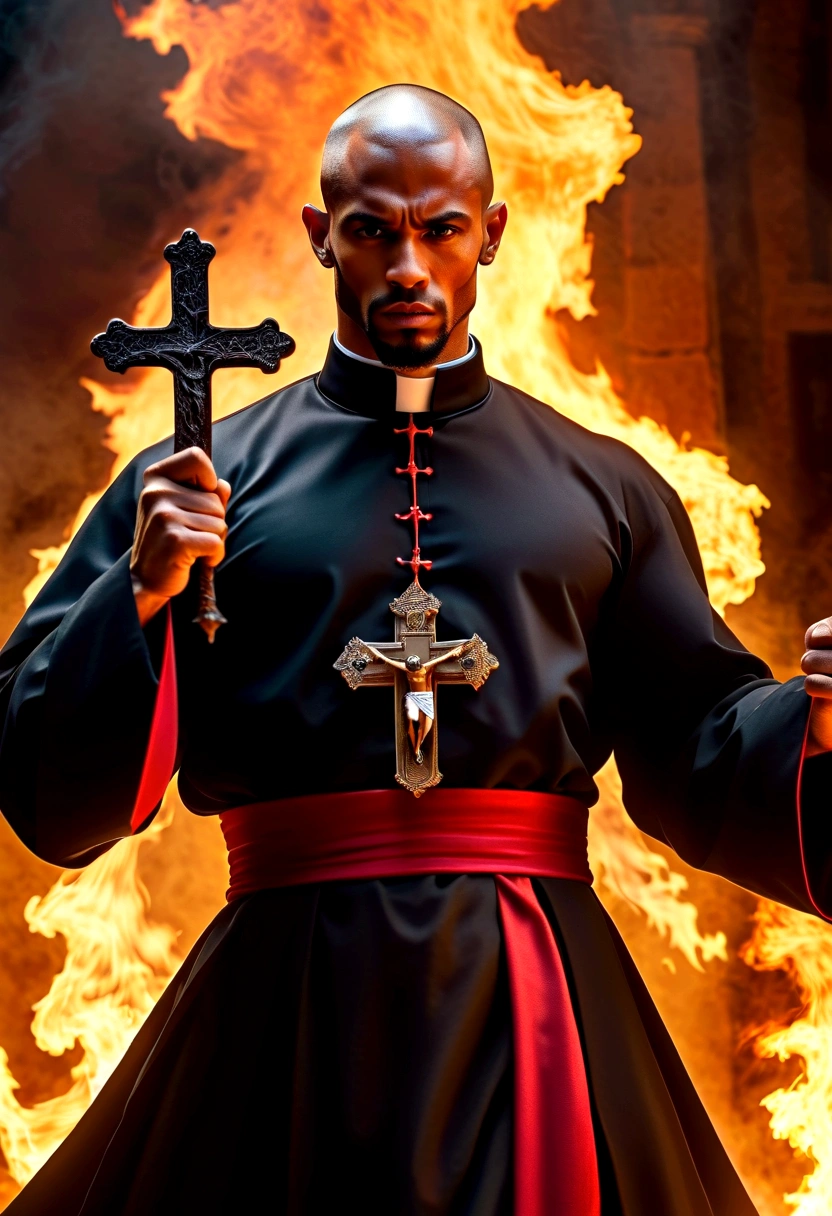 Create an image with a muscular maromba priest in a cassock tearing up with so much muscle the priest has a brave face with a crucifix in his hand expelling demons with a background of fire the desperate demon full hd