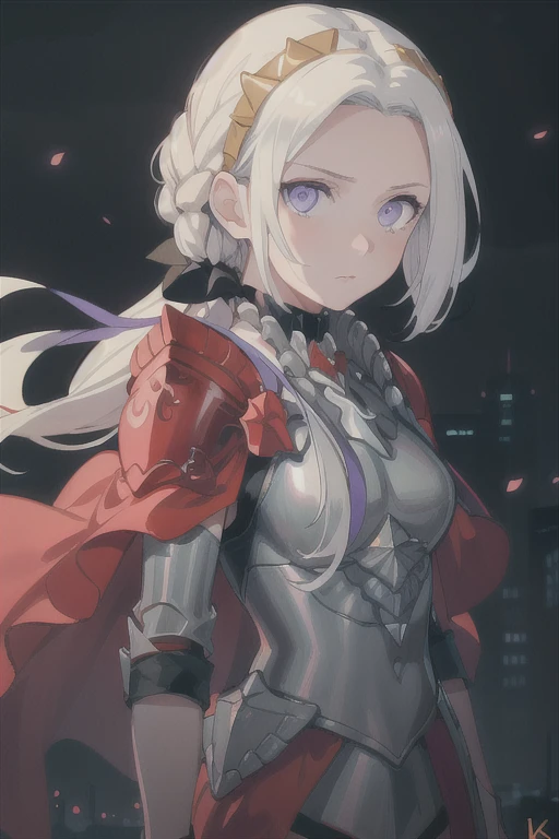 (masterpiece:1.2), best quality, high resolution, unity 8k wallpaper, (illustration), extremely detailed face, perfect lighting, extremely detailed CG, 1girl, solo, purple eyes, white hair, long hair, hair ornament, ribbon, red cape, armor, standing, cowboy shot, looking at viewer, expressionless, simple background